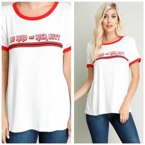Be Kind and Kick Butt Red White Graphic Ringer Tee - Picture 2 of 2